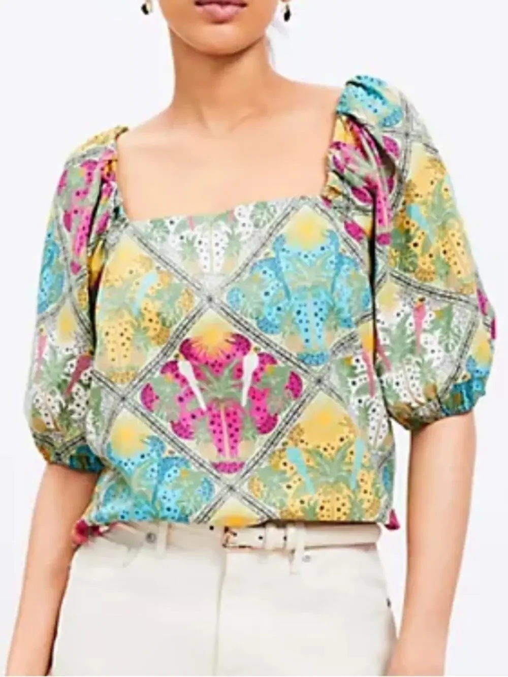 LOFT Palm Bubble Sleeve Square Neck Tropical Blouse Medium